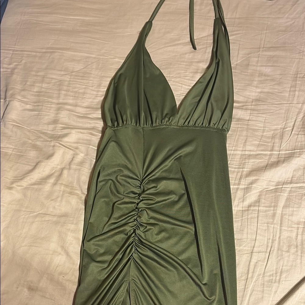 Green Halter Dress with Ruched Detail